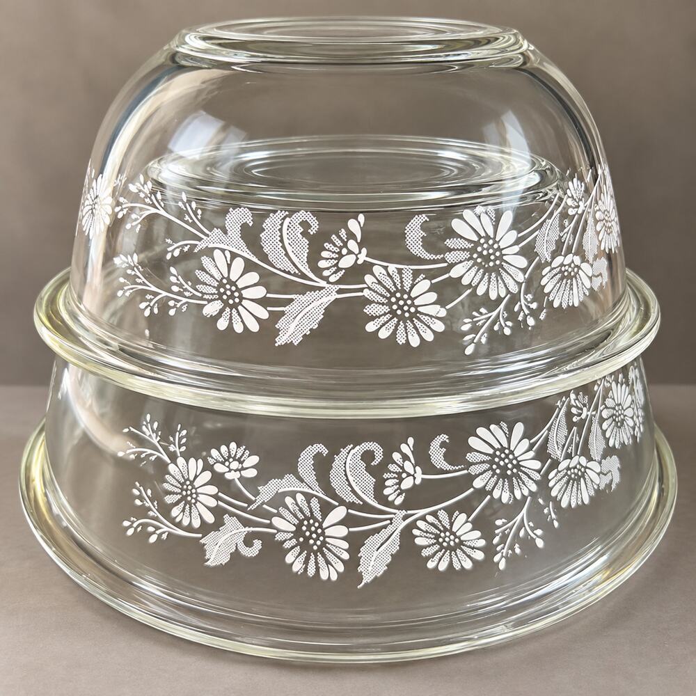 Vintage Pyrex Colonial Mist White Lace Bowls 323 325 Clear Glass Floral Set